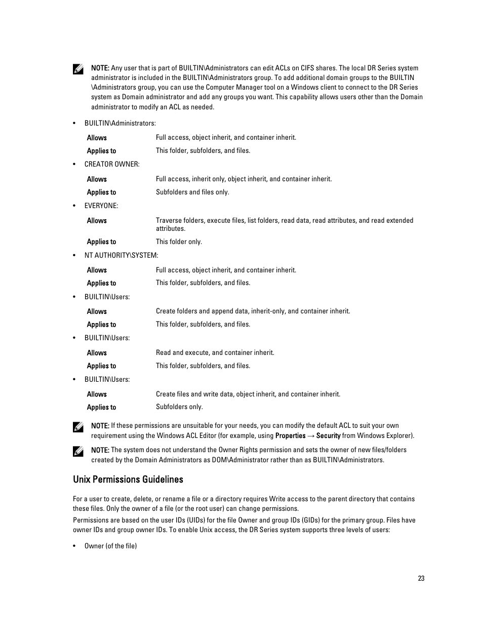 Unix permissions guidelines | Dell PowerVault DR6000 User Manual | Page 23 / 191