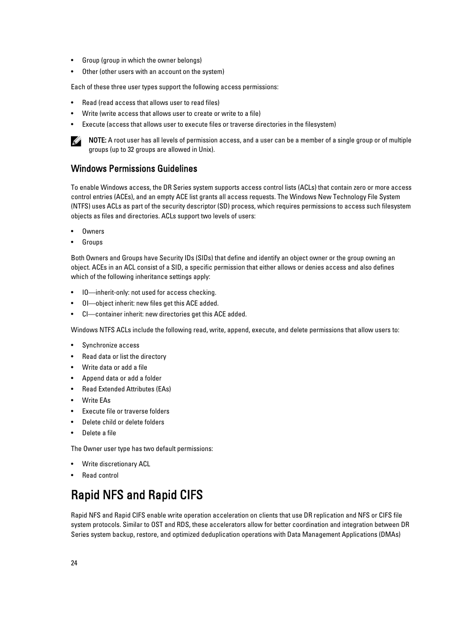 Windows permissions guidelines, Rapid nfs and rapid cifs | Dell PowerVault DR6000 User Manual | Page 24 / 191
