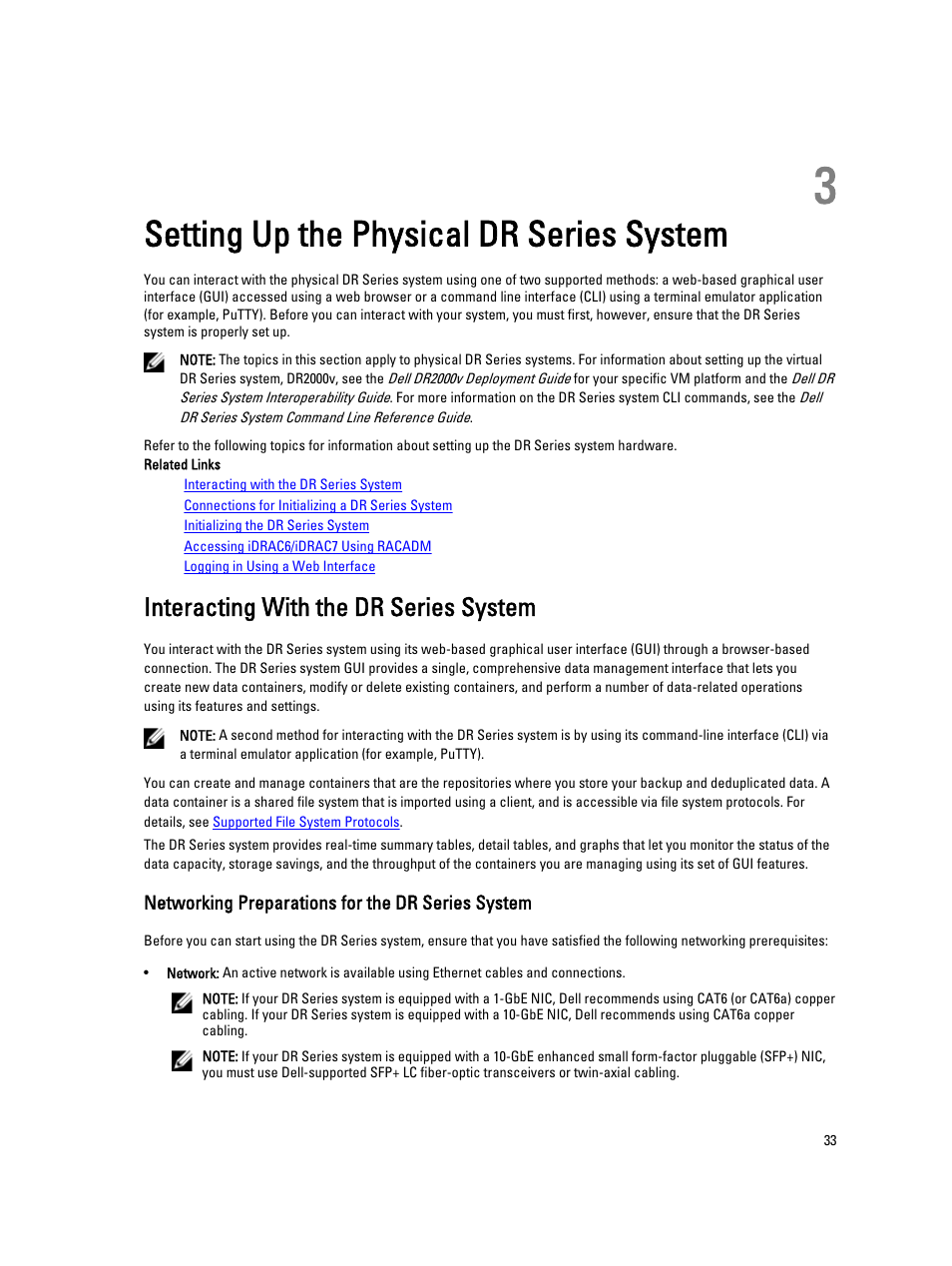 Setting up the physical dr series system, Interacting with the dr series system, Networking preparations for the dr series system | 3 setting up the physical dr series system | Dell PowerVault DR6000 User Manual | Page 33 / 191