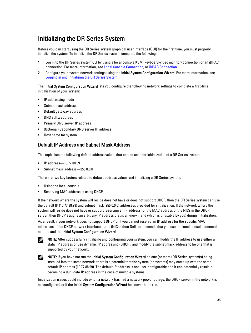 Initializing the dr series system, Default ip address and subnet mask address | Dell PowerVault DR6000 User Manual | Page 35 / 191