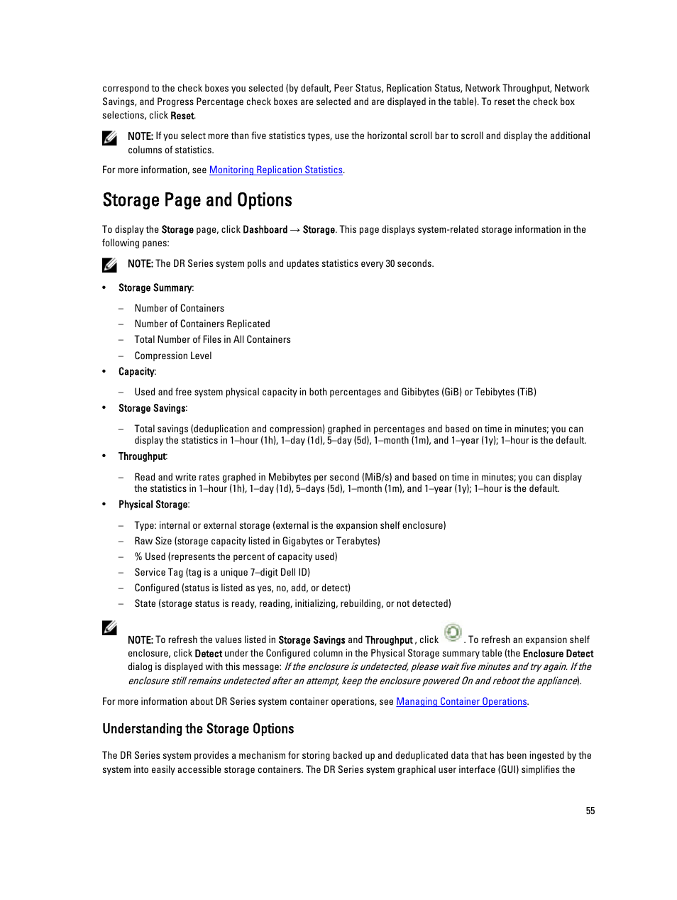 Understanding the storage options, Storage page and options | Dell PowerVault DR6000 User Manual | Page 55 / 191