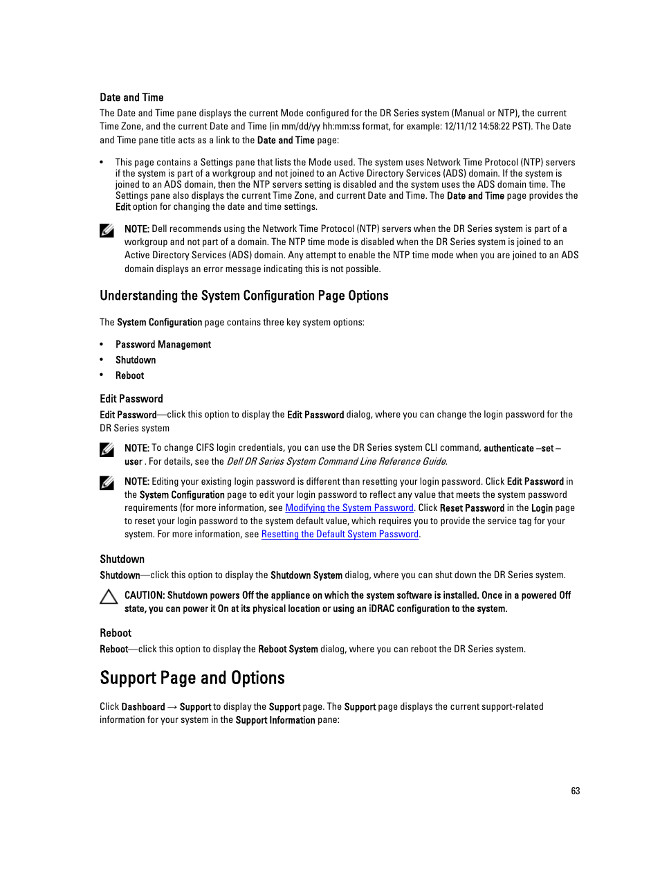 Support page and options | Dell PowerVault DR6000 User Manual | Page 63 / 191