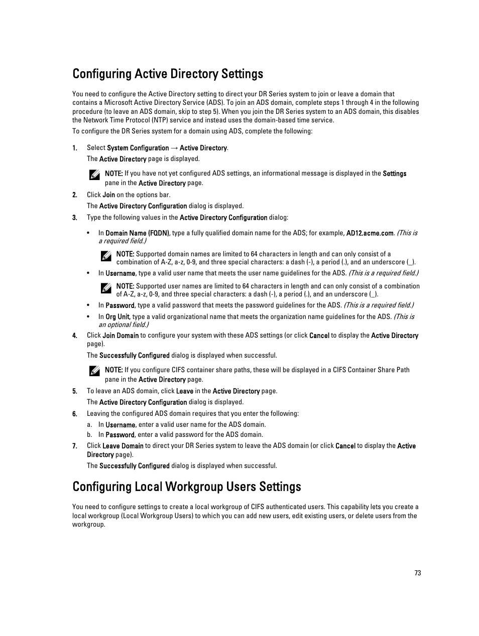 Configuring active directory settings, Configuring local workgroup users settings | Dell PowerVault DR6000 User Manual | Page 73 / 191