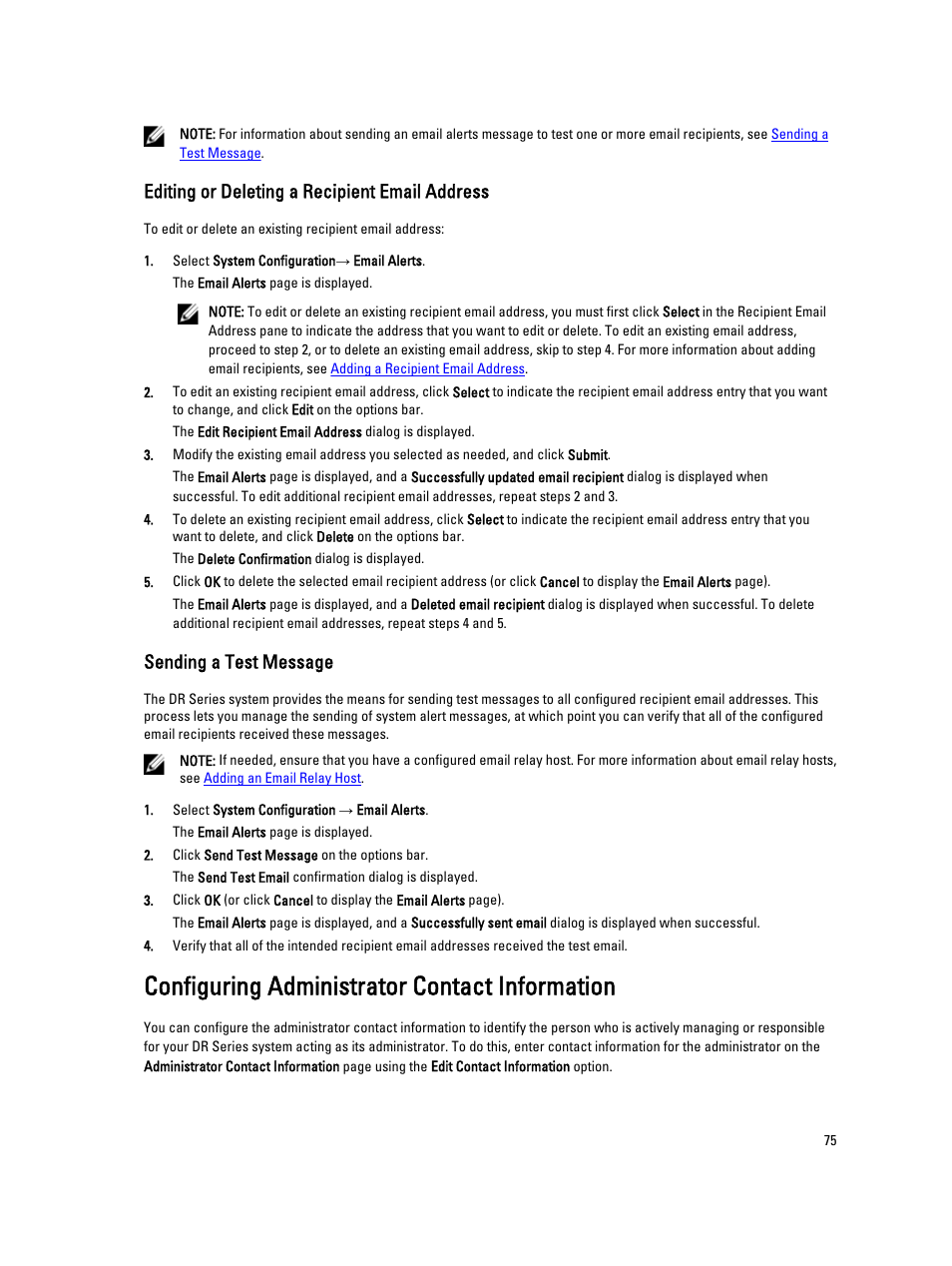 Editing or deleting a recipient email address, Sending a test message, Configuring administrator contact information | Dell PowerVault DR6000 User Manual | Page 75 / 191