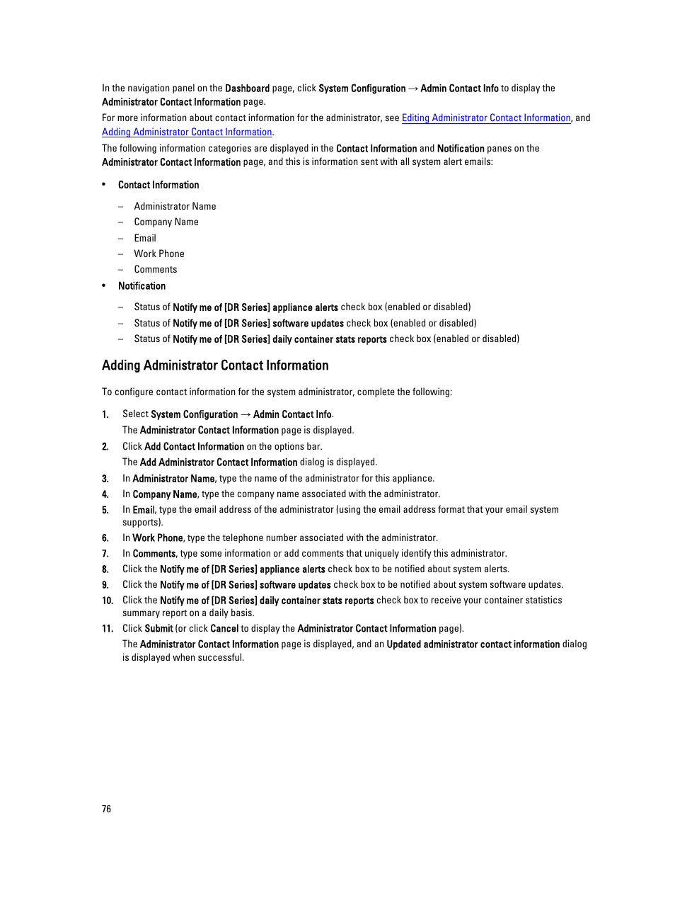 Adding administrator contact information | Dell PowerVault DR6000 User Manual | Page 76 / 191