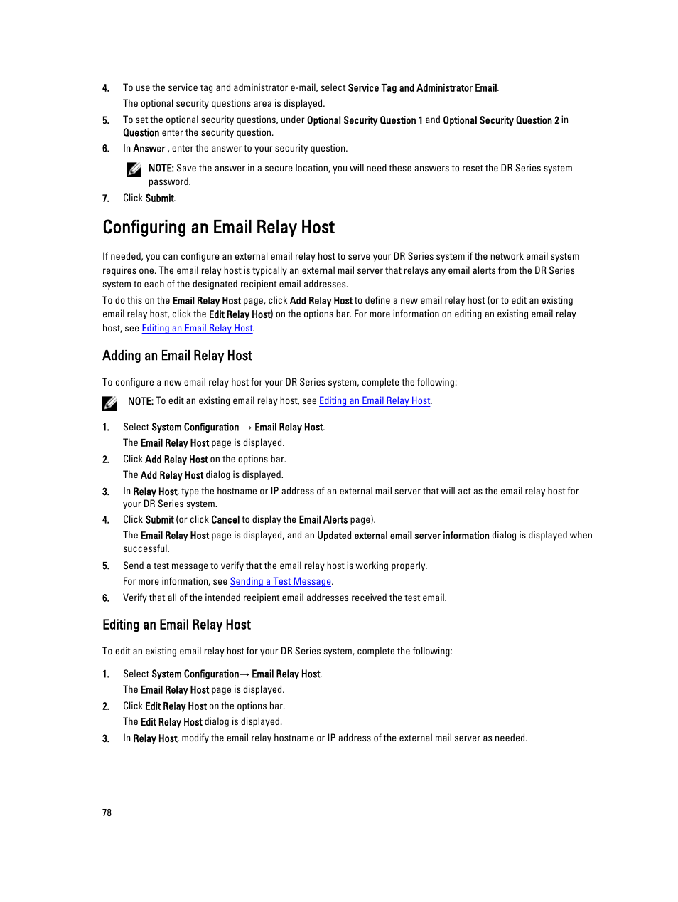 Configuring an email relay host, Adding an email relay host, Editing an email relay host | Dell PowerVault DR6000 User Manual | Page 78 / 191