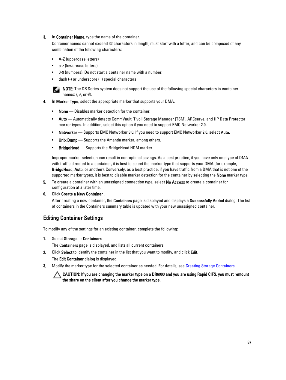 Editing container settings | Dell PowerVault DR6000 User Manual | Page 87 / 191