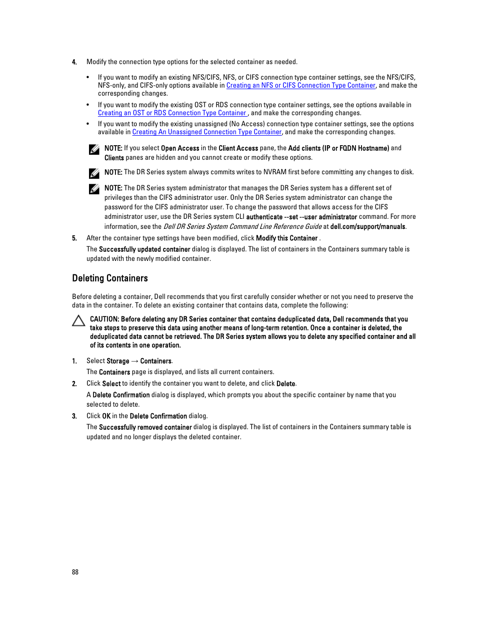 Deleting containers | Dell PowerVault DR6000 User Manual | Page 88 / 191