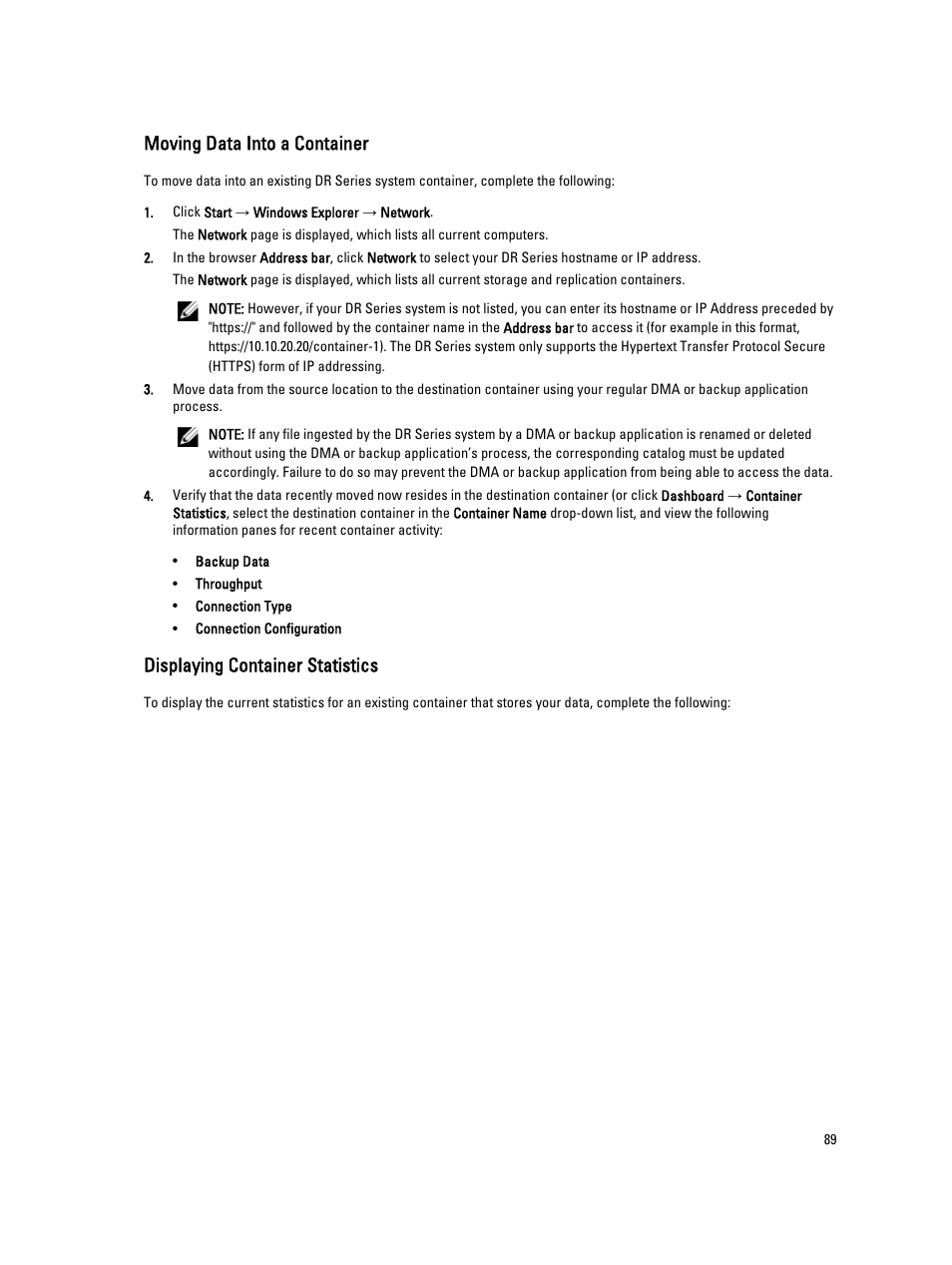 Moving data into a container, Displaying container statistics | Dell PowerVault DR6000 User Manual | Page 89 / 191