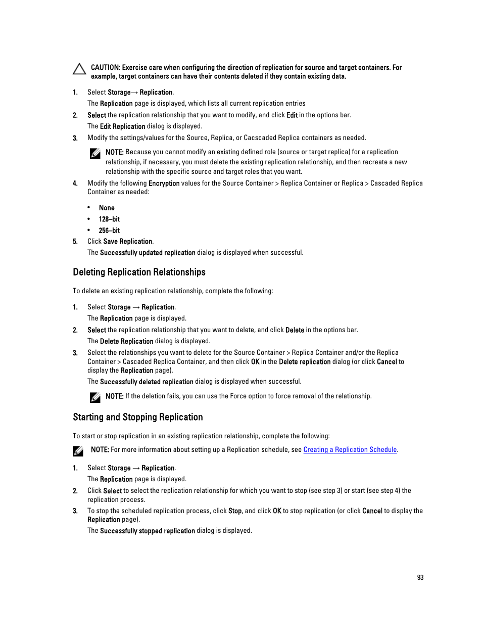 Deleting replication relationships, Starting and stopping replication | Dell PowerVault DR6000 User Manual | Page 93 / 191
