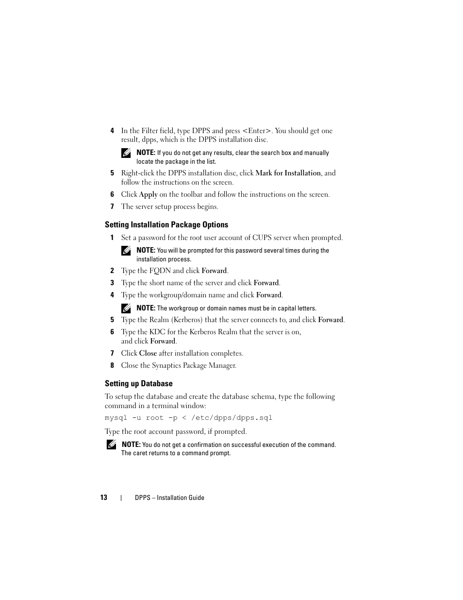 Setting installation package options, Setting up database, To "setting installation package options | Dell Proximity Printing Solution User Manual | Page 13 / 40