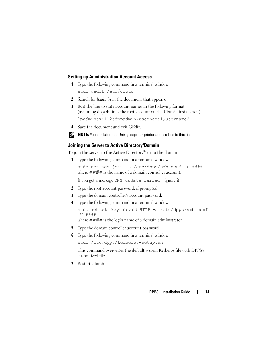 Setting up administration account access, Joining the server to active directory/domain, Joining the server to active | Directory/domain | Dell Proximity Printing Solution User Manual | Page 14 / 40