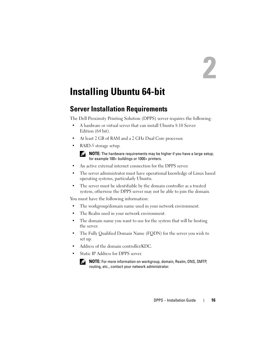 Installing ubuntu 64-bit, Server installation requirements | Dell Proximity Printing Solution User Manual | Page 16 / 40