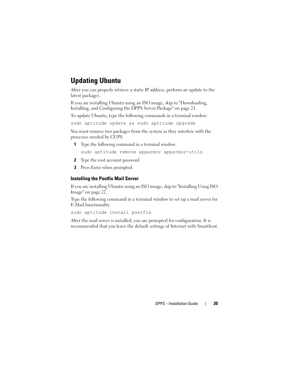 Updating ubuntu, Installing the postfix mail server | Dell Proximity Printing Solution User Manual | Page 20 / 40
