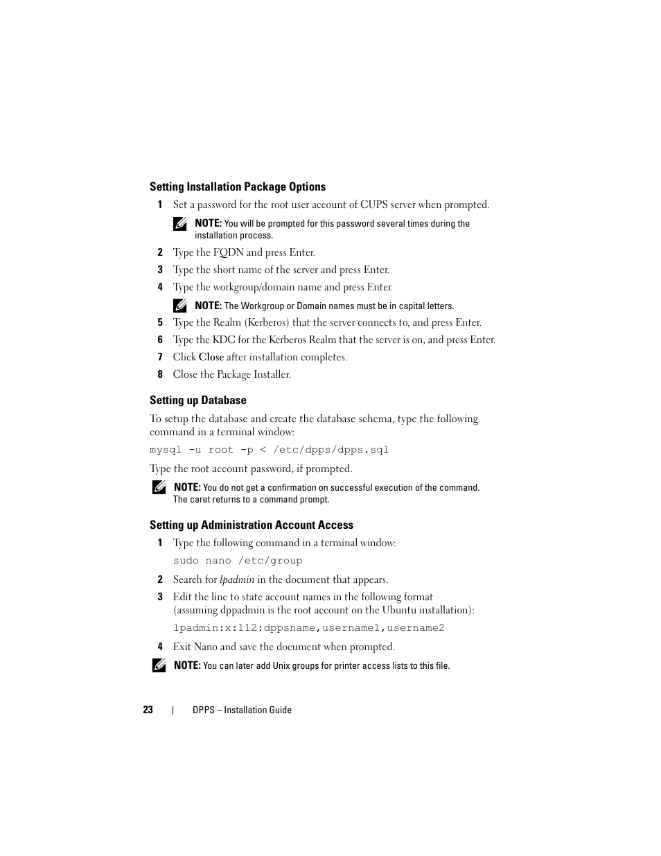 Setting installation package options, Setting up database, Setting up administration account access | Tions. see "setting installation package, To "setting installation package options | Dell Proximity Printing Solution User Manual | Page 23 / 40