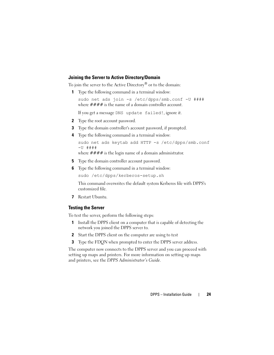 Joining the server to active directory/domain, Testing the server, Joining the server to active | Directory/domain, See "joining the server to active | Dell Proximity Printing Solution User Manual | Page 24 / 40