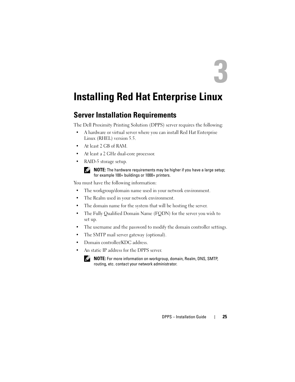 Installing red hat enterprise linux, Server installation requirements | Dell Proximity Printing Solution User Manual | Page 25 / 40