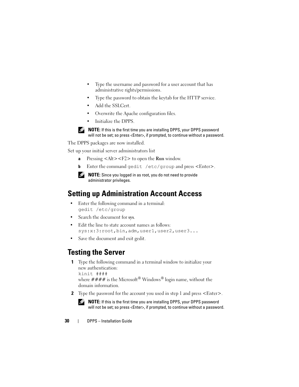Setting up administration account access, Testing the server | Dell Proximity Printing Solution User Manual | Page 30 / 40