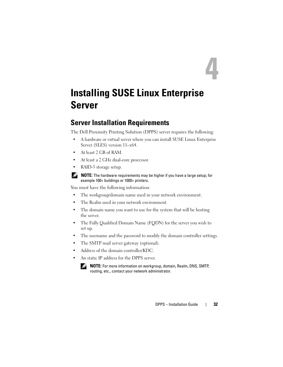 Installing suse linux enterprise server, Server installation requirements, Installing suse linux | Enterprise server | Dell Proximity Printing Solution User Manual | Page 32 / 40