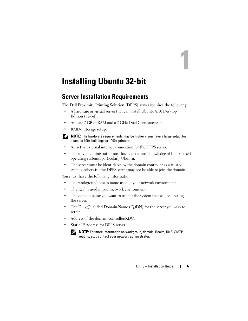 Installing ubuntu 32-bit, Server installation requirements | Dell Proximity Printing Solution User Manual | Page 6 / 40
