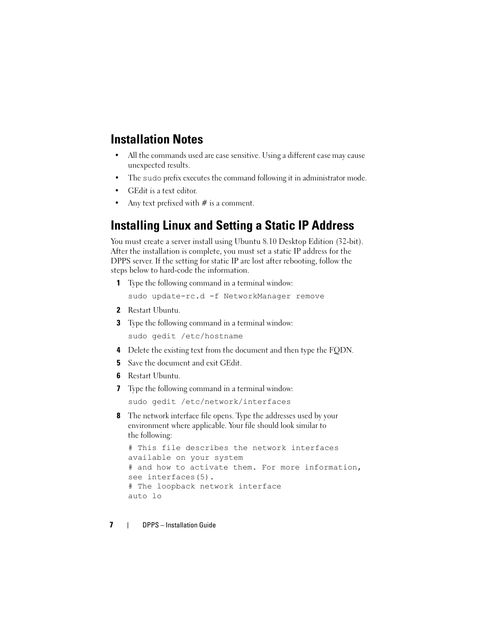 Installation notes, Installing linux and setting a static ip address | Dell Proximity Printing Solution User Manual | Page 7 / 40