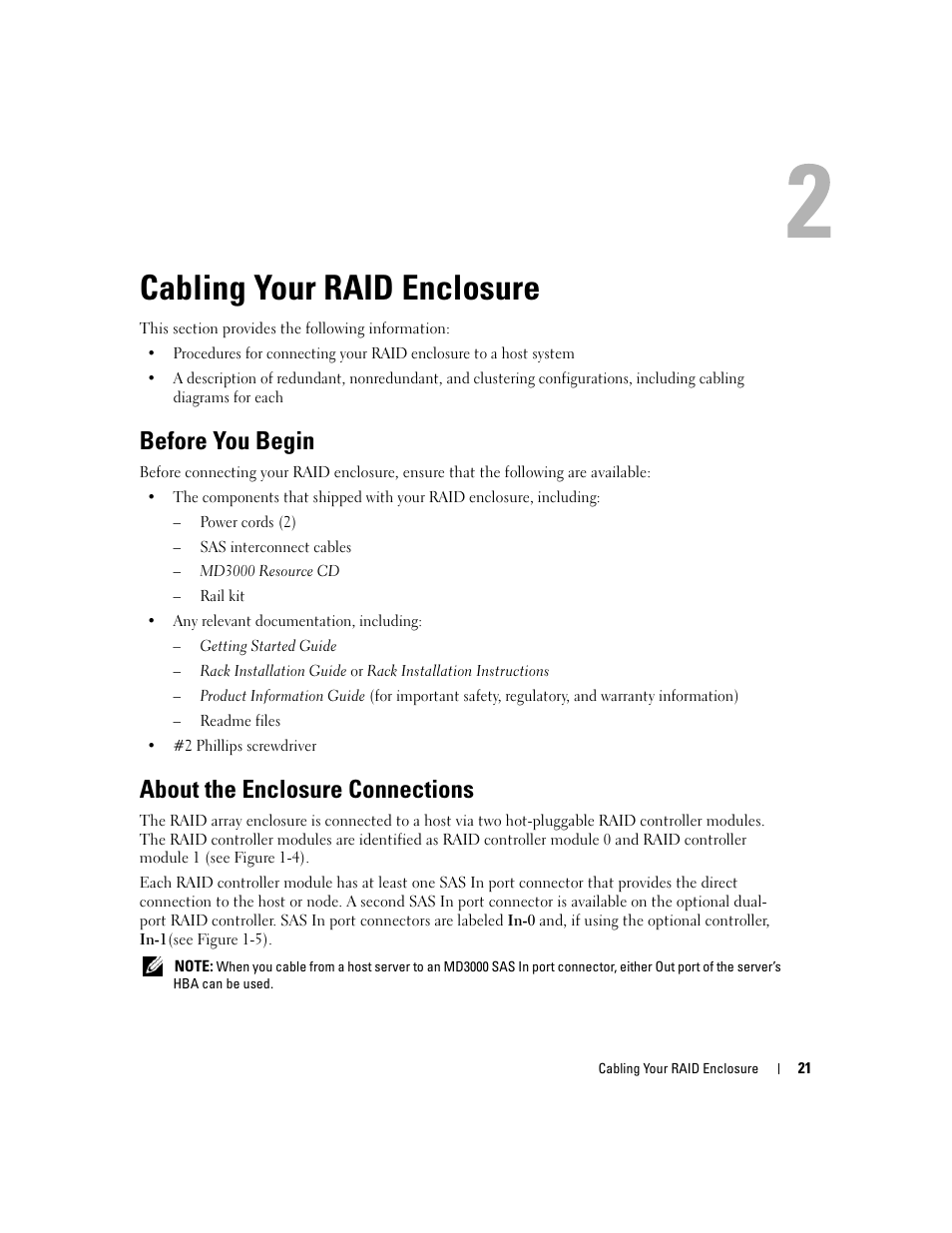 Cabling your raid enclosure, Before you begin, About the enclosure connections | Dell PowerVault MD3000 User Manual | Page 21 / 112