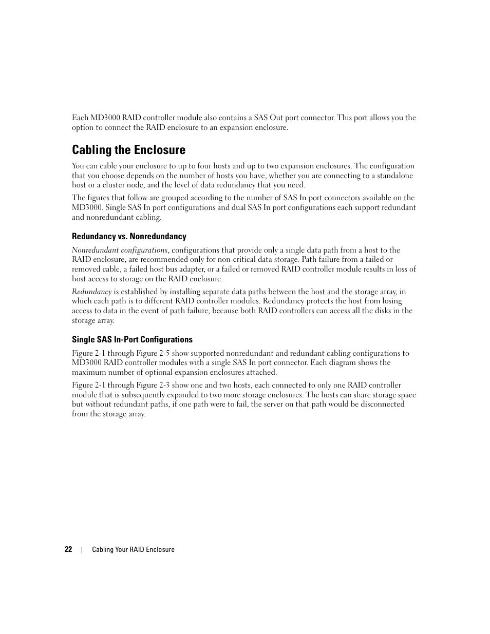 Cabling the enclosure, Redundancy vs. nonredundancy, Single sas in-port configurations | Dell PowerVault MD3000 User Manual | Page 22 / 112