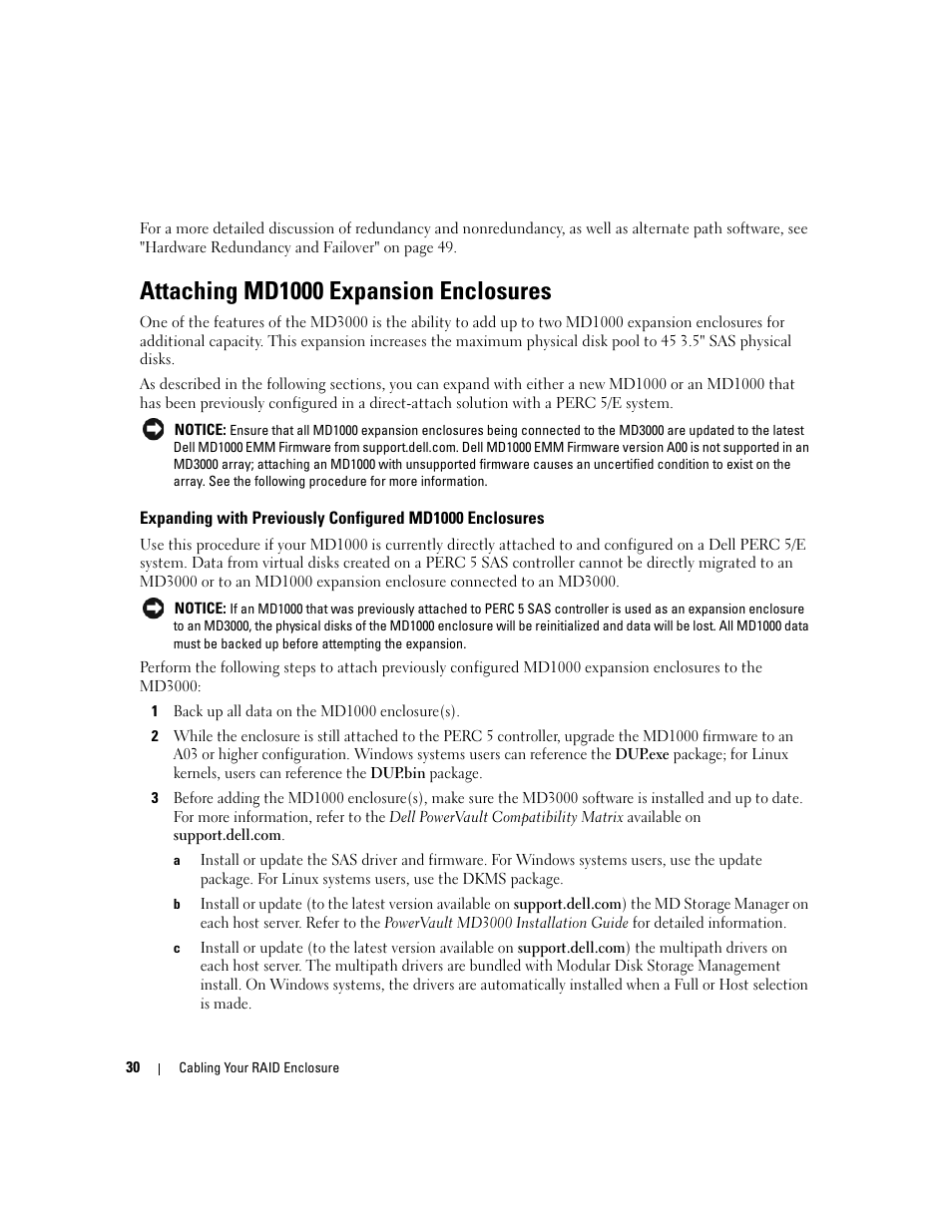 Attaching md1000 expansion enclosures | Dell PowerVault MD3000 User Manual | Page 30 / 112
