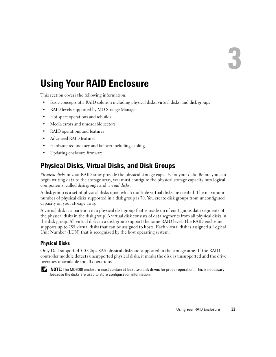 Using your raid enclosure, Physical disks, virtual disks, and disk groups, Physical disks | Dell PowerVault MD3000 User Manual | Page 33 / 112