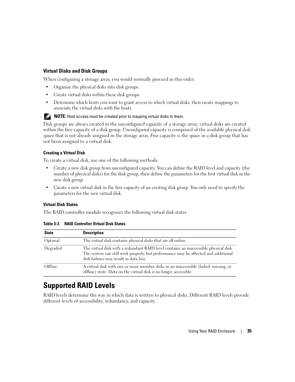 Virtual disks and disk groups, Supported raid levels | Dell PowerVault MD3000 User Manual | Page 35 / 112