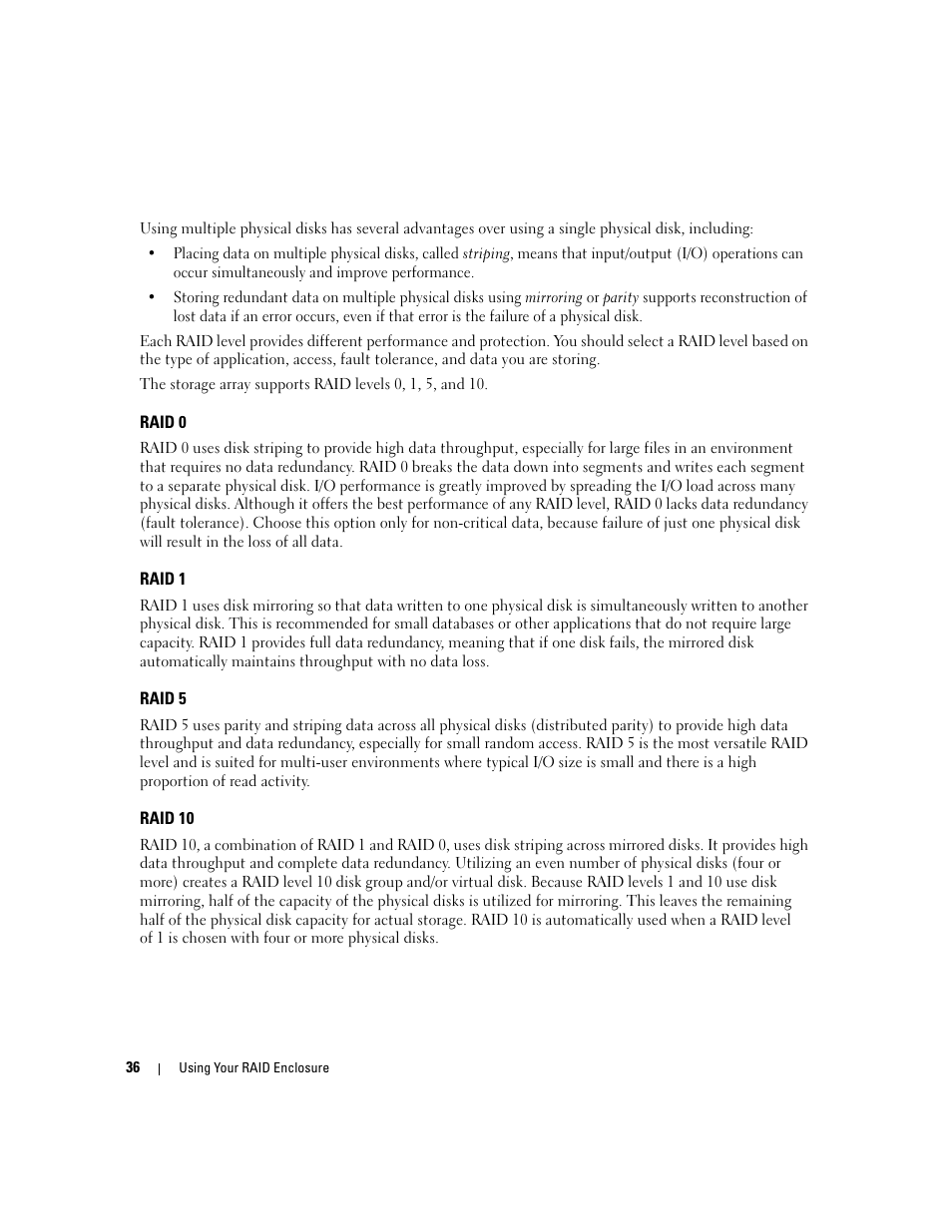 Raid 0, Raid 1, Raid 5 | Raid 10 | Dell PowerVault MD3000 User Manual | Page 36 / 112