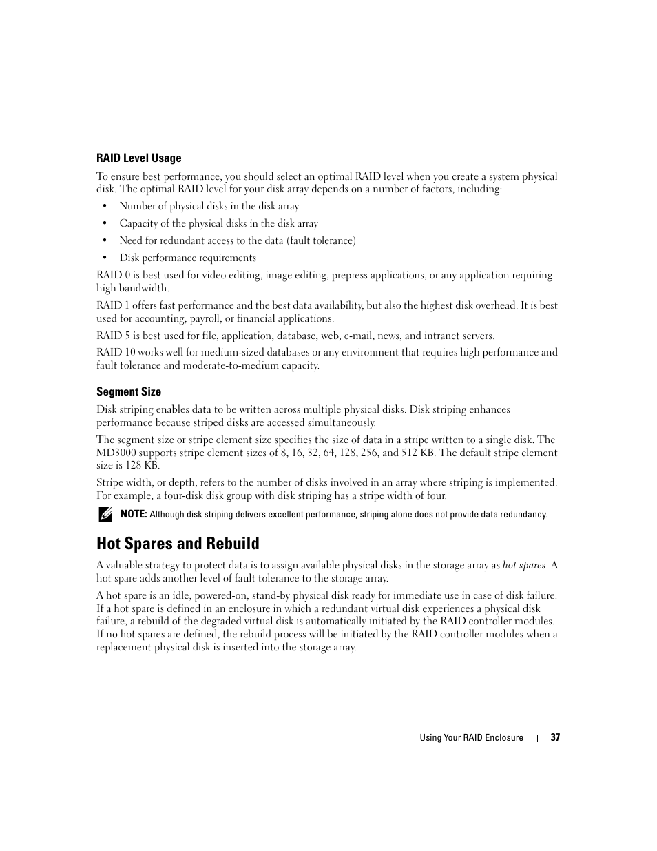 Raid level usage, Segment size, Hot spares and rebuild | Dell PowerVault MD3000 User Manual | Page 37 / 112