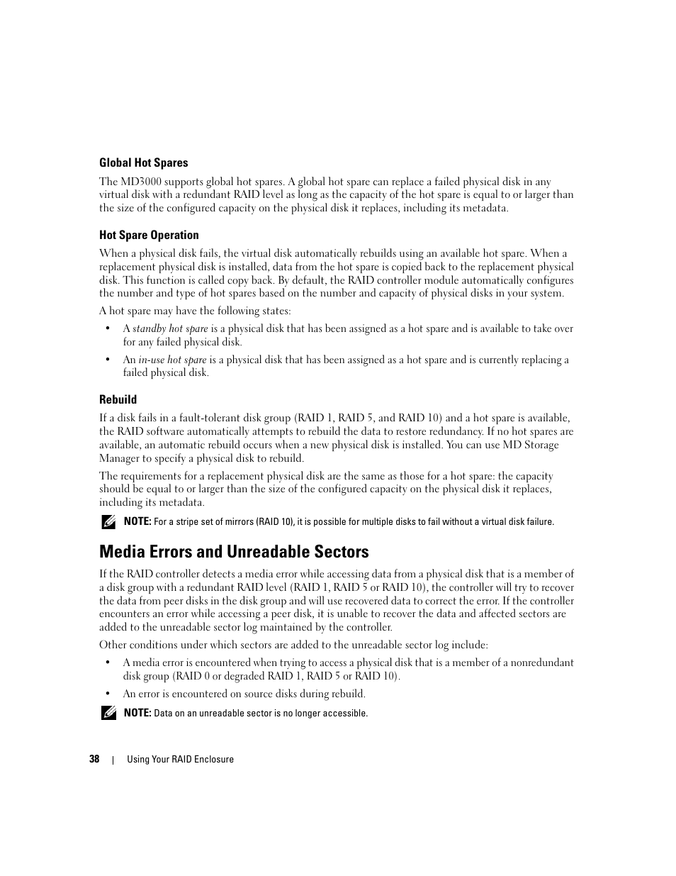 Global hot spares, Hot spare operation, Rebuild | Media errors and unreadable sectors | Dell PowerVault MD3000 User Manual | Page 38 / 112
