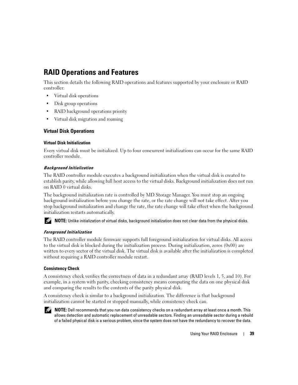 Raid operations and features, Virtual disk operations | Dell PowerVault MD3000 User Manual | Page 39 / 112