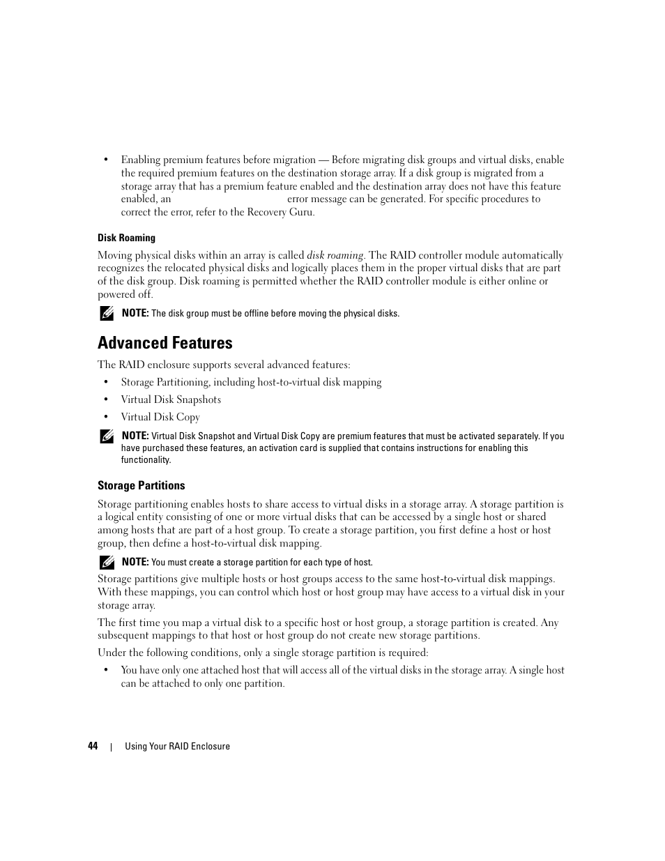 Advanced features, Storage partitions | Dell PowerVault MD3000 User Manual | Page 44 / 112