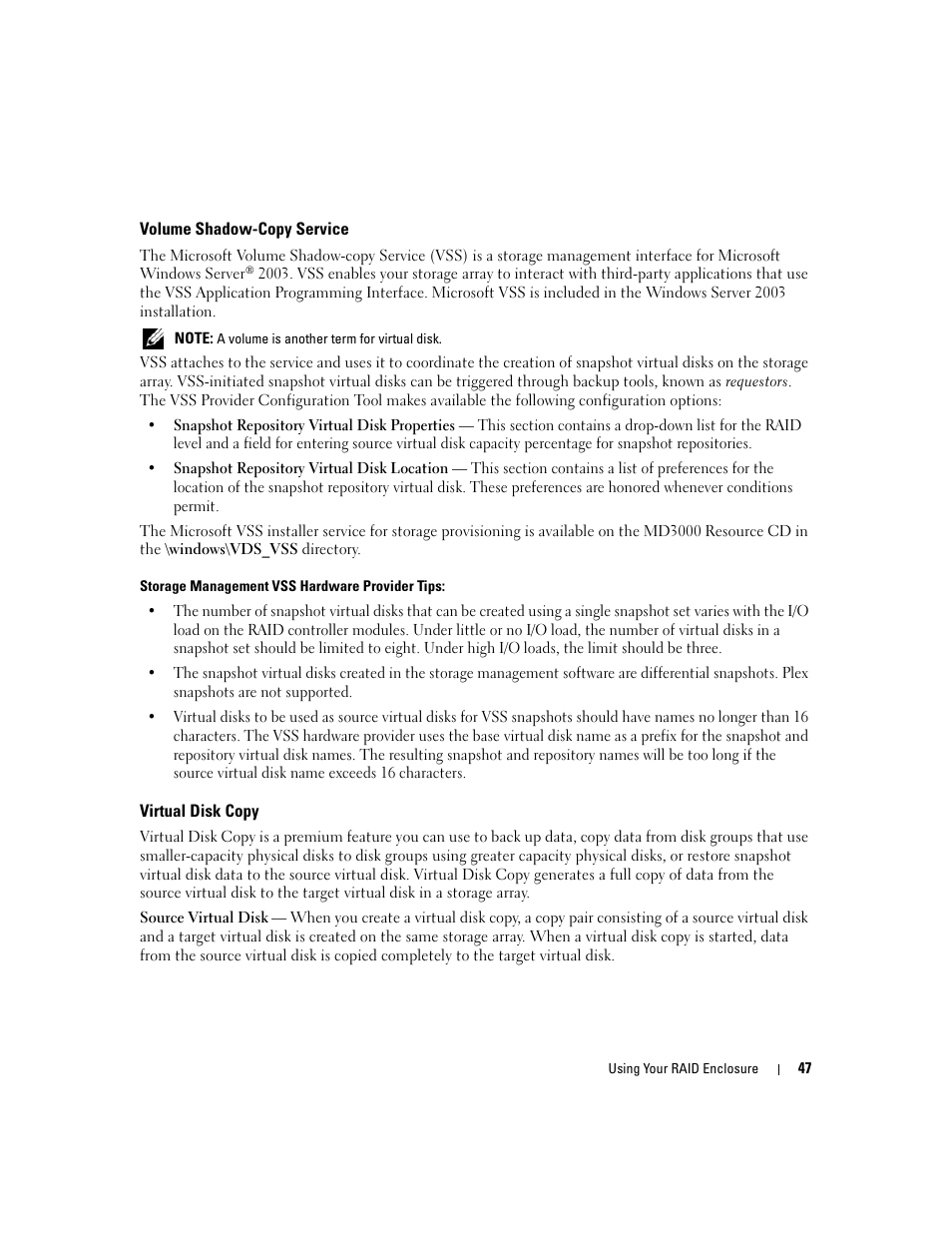 Volume shadow-copy service, Virtual disk copy | Dell PowerVault MD3000 User Manual | Page 47 / 112