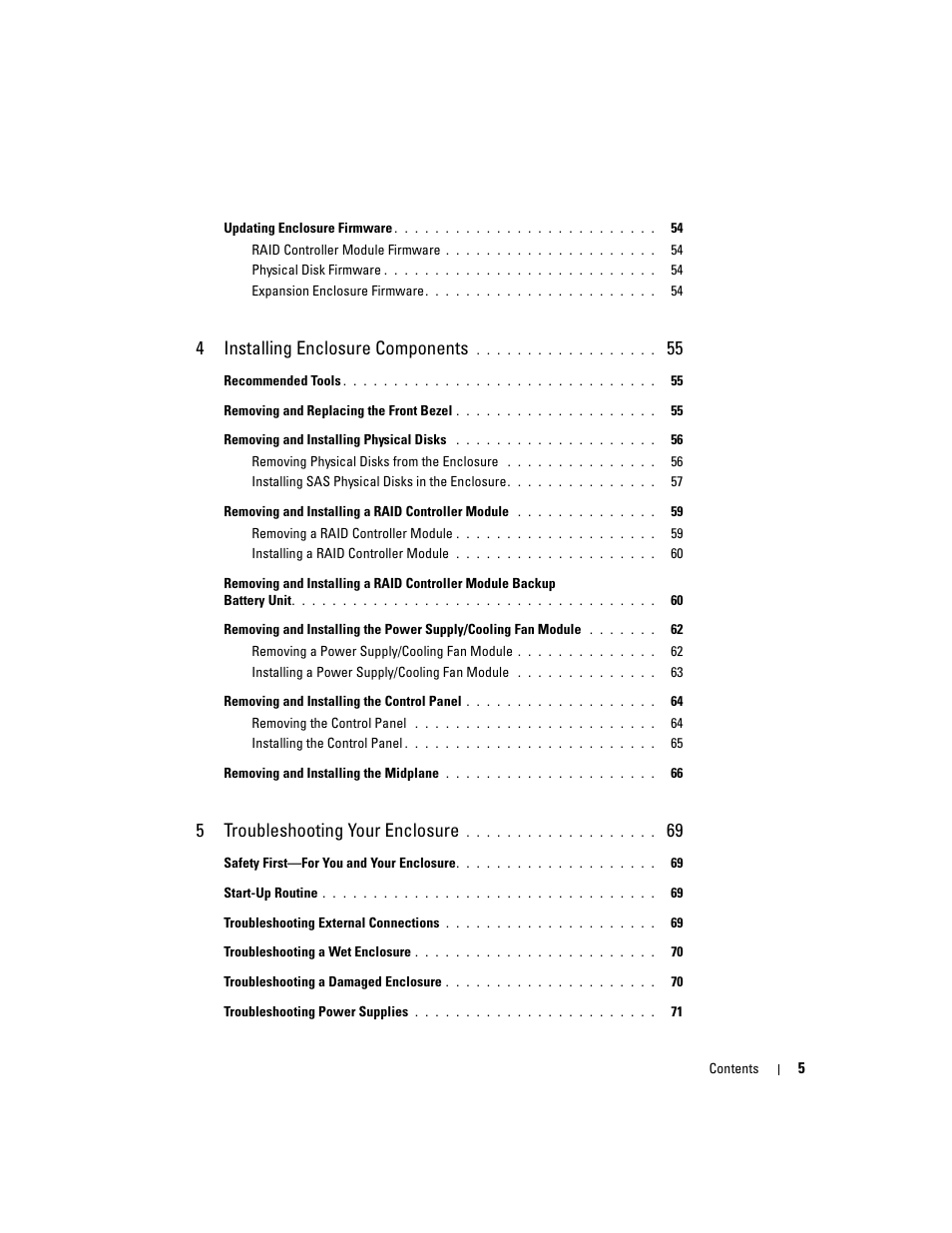 4installing enclosure components, 5troubleshooting your enclosure | Dell PowerVault MD3000 User Manual | Page 5 / 112