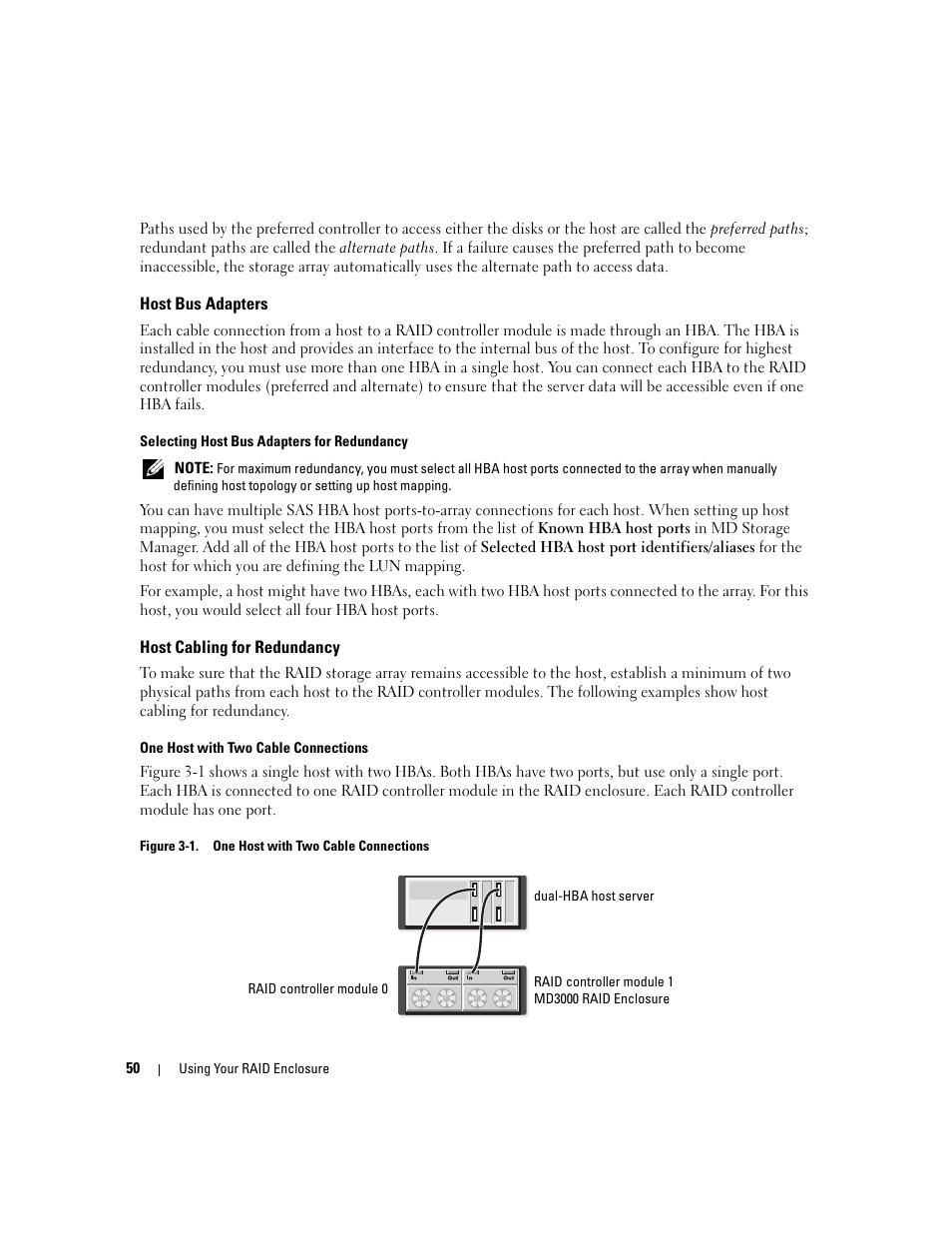 Host bus adapters, Host cabling for redundancy | Dell PowerVault MD3000 User Manual | Page 50 / 112