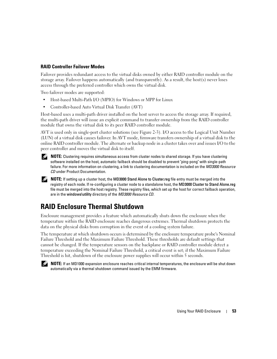Raid controller failover modes, Raid enclosure thermal shutdown | Dell PowerVault MD3000 User Manual | Page 53 / 112