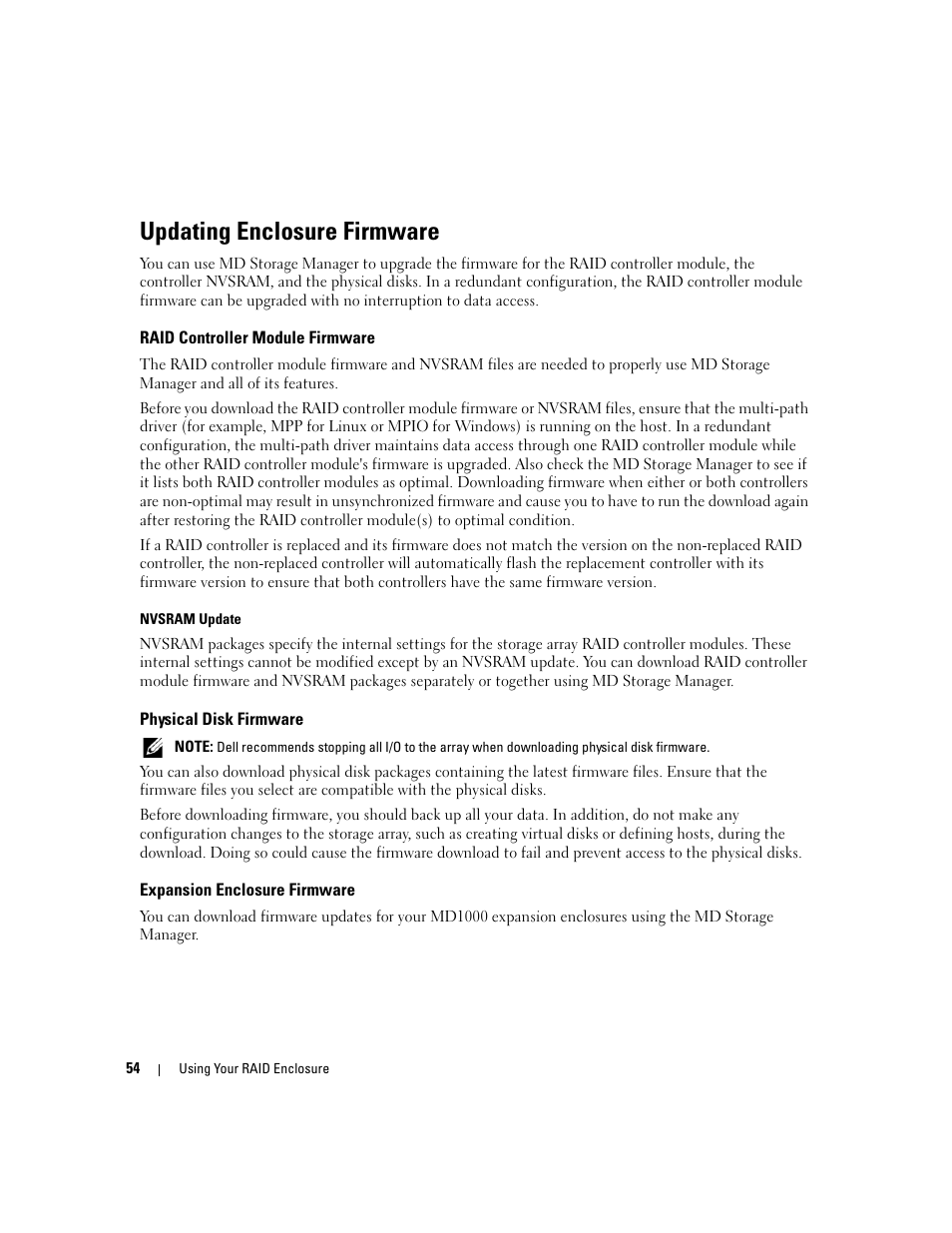 Updating enclosure firmware, Raid controller module firmware, Physical disk firmware | Expansion enclosure firmware | Dell PowerVault MD3000 User Manual | Page 54 / 112