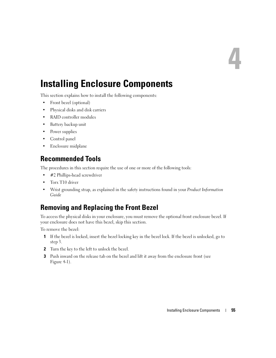 Installing enclosure components, Recommended tools, Removing and replacing the front bezel | Dell PowerVault MD3000 User Manual | Page 55 / 112