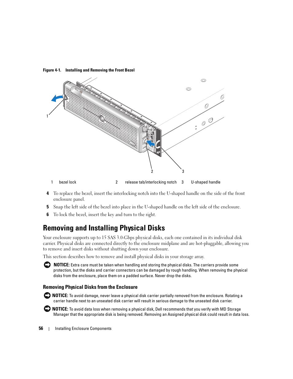 Removing and installing physical disks, Removing physical disks from the enclosure | Dell PowerVault MD3000 User Manual | Page 56 / 112