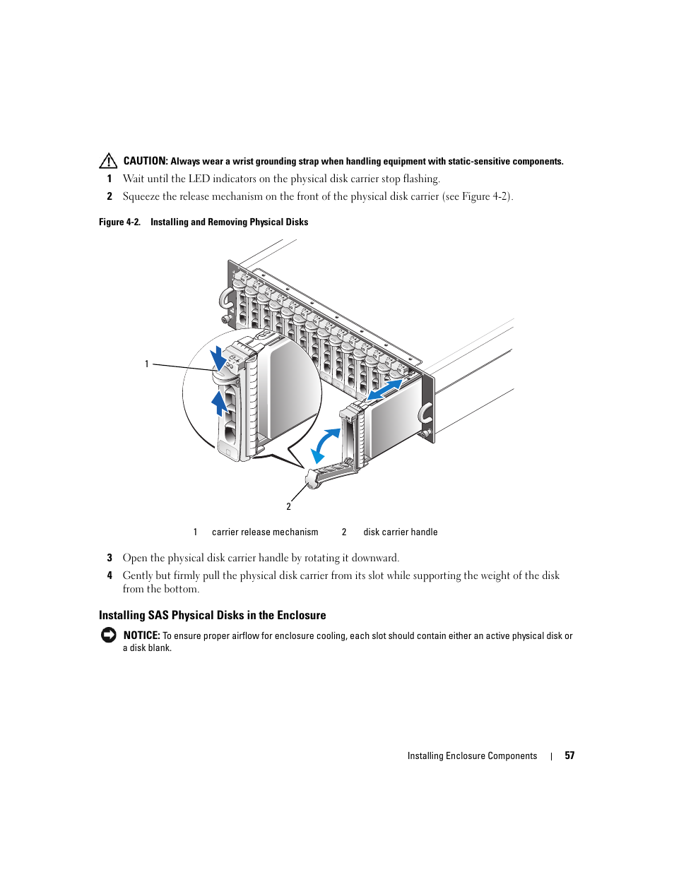 Installing sas physical disks in the enclosure | Dell PowerVault MD3000 User Manual | Page 57 / 112