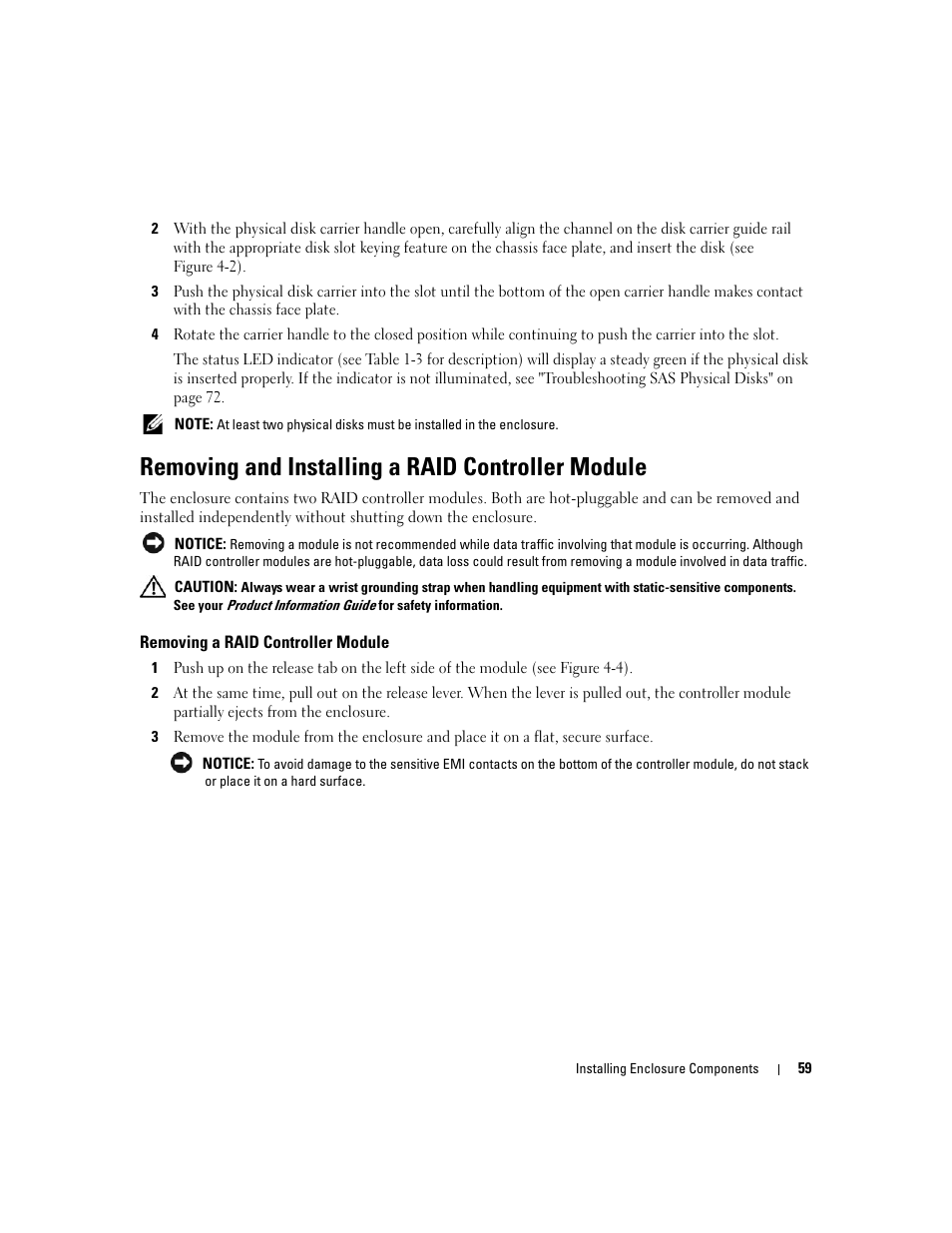 Removing and installing a raid controller module, Removing a raid controller module | Dell PowerVault MD3000 User Manual | Page 59 / 112