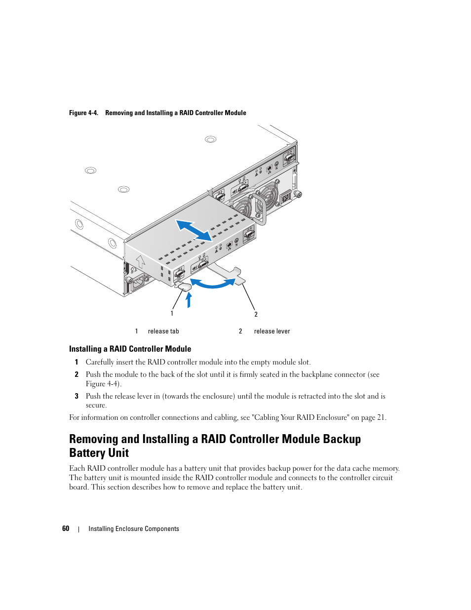 Installing a raid controller module, Ft side of the module (see figure 4-4) | Dell PowerVault MD3000 User Manual | Page 60 / 112