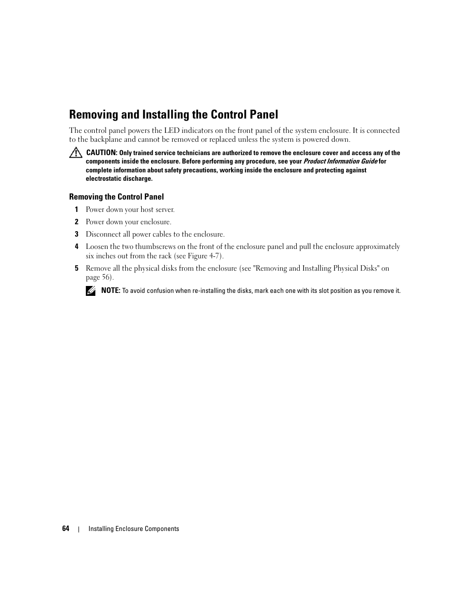 Removing and installing the control panel, Removing the control panel | Dell PowerVault MD3000 User Manual | Page 64 / 112