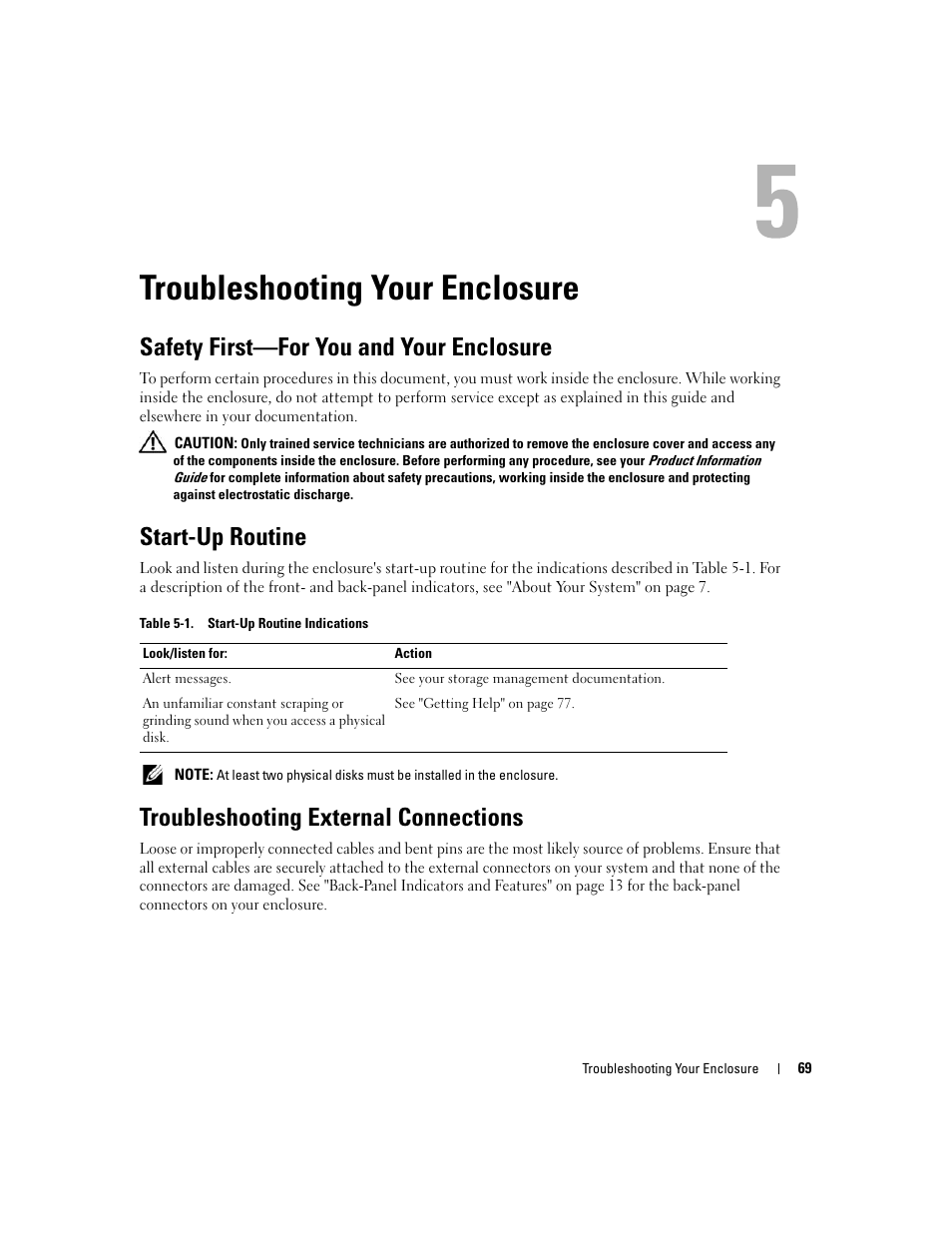 Troubleshooting your enclosure, Safety first-for you and your enclosure, Start-up routine | Troubleshooting external connections, Safety first—for you and your enclosure | Dell PowerVault MD3000 User Manual | Page 69 / 112