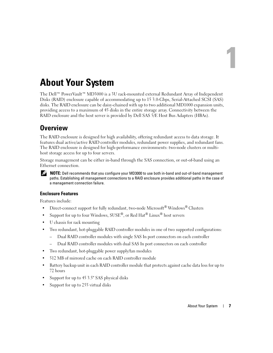 About your system, Overview, Enclosure features | Dell PowerVault MD3000 User Manual | Page 7 / 112
