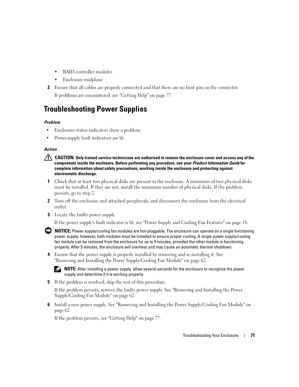 Troubleshooting power supplies | Dell PowerVault MD3000 User Manual | Page 71 / 112