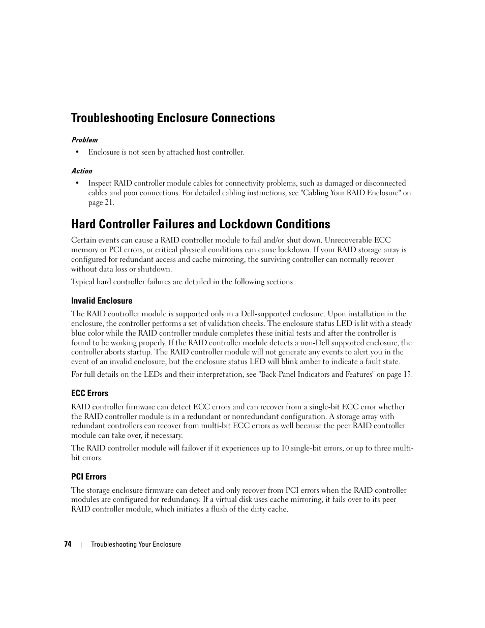 Troubleshooting enclosure connections, Hard controller failures and lockdown conditions, Invalid enclosure | Ecc errors, Pci errors | Dell PowerVault MD3000 User Manual | Page 74 / 112